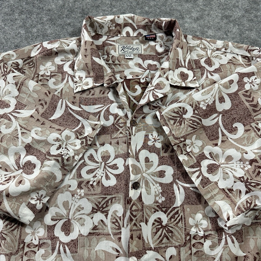 Kolekole Hawaiian Shirt‎ Mens XXL Brown Hibiscus Floral Aloha Made in Hawaii USA